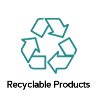 Three continuous arrows in a triangle with the text: "Recyclable Products", below.